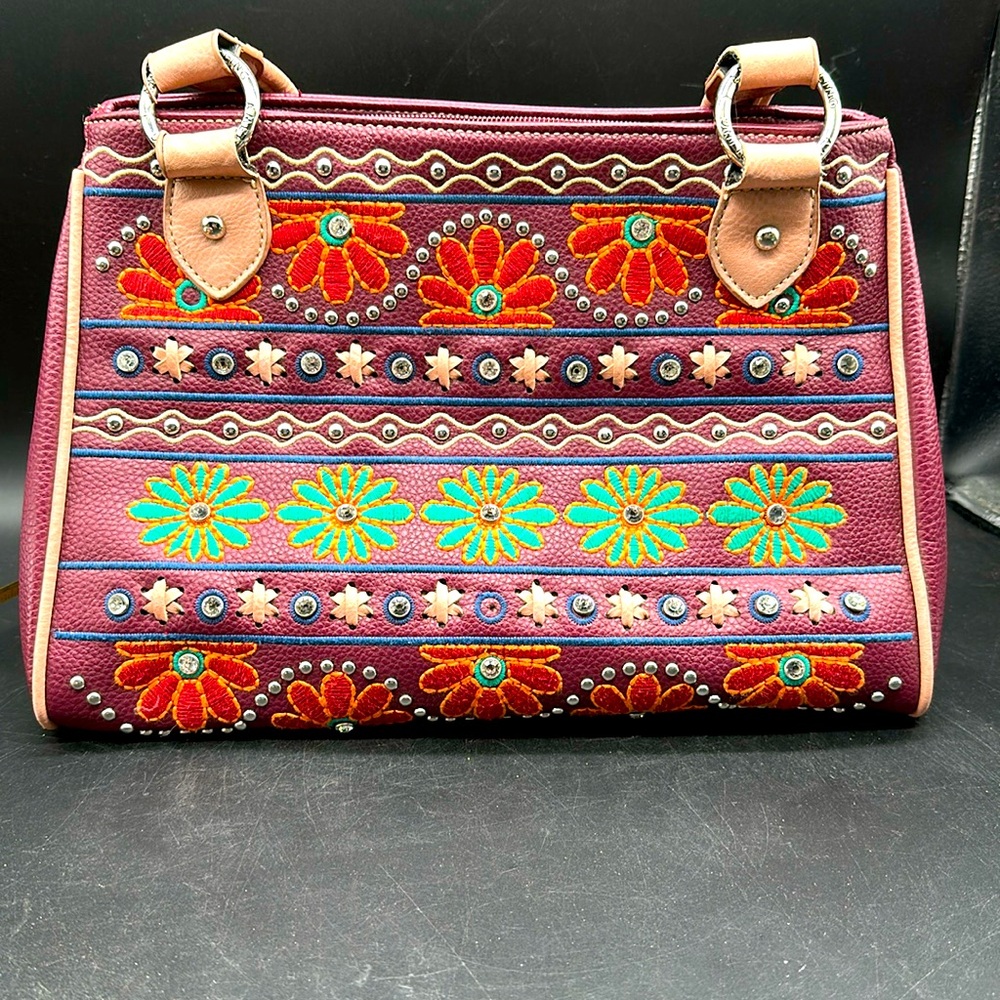 Vibrant Red and Green Shoulder Bag with Artisanal Embroidery